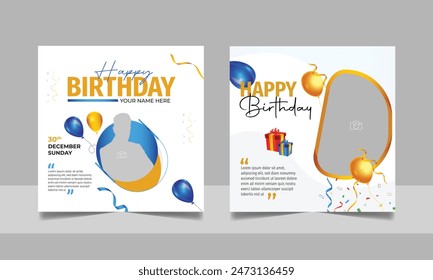 Birthday wishes social media post template, party invitation or greeting card, happy wedding anniversary celebration event square banner poster design set