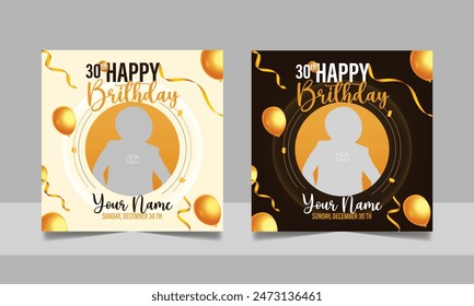 Birthday wishes social media post template, party invitation or greeting card, happy wedding anniversary celebration event square banner poster design set