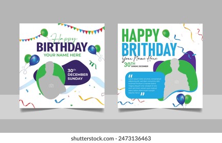 Birthday wishes social media post template, party invitation or greeting card, happy wedding anniversary celebration event square banner poster design set