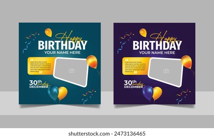 Birthday wishes social media post template, party invitation or greeting card, happy wedding anniversary celebration event square banner poster design set