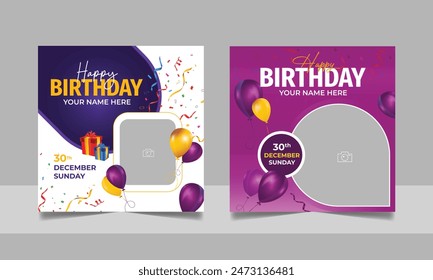 Birthday wishes social media post template, party invitation or greeting card, happy wedding anniversary celebration event square banner poster design set