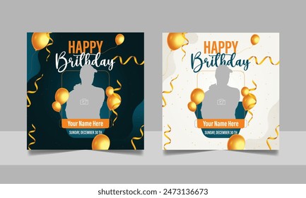 Birthday wishes social media post template, party invitation or greeting card, happy wedding anniversary celebration event square banner poster design set