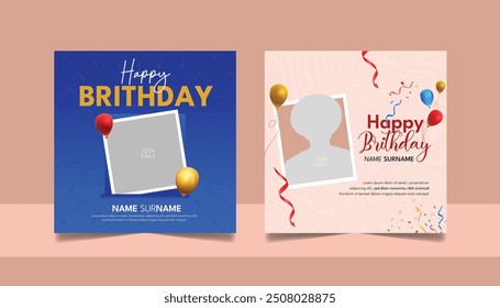 Birthday wishes social media post template, party invitation or greeting card, happy wedding anniversary celebration event square banner poster design set