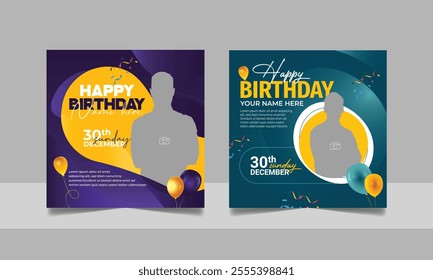 Birthday wishes social media post template, party invitation or greeting card, happy wedding anniversary celebration event square banner poster design set