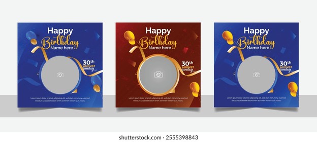 Birthday wishes social media post template, party invitation or greeting card, happy wedding anniversary celebration event square banner poster design set