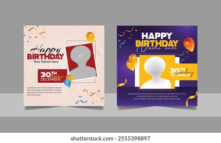 Birthday wishes social media post template, party invitation or greeting card, happy wedding anniversary celebration event square banner poster design set