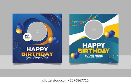 Birthday wishes social media post template, party invitation or greeting card, happy marriage anniversary celebration square flyer web banner story design set