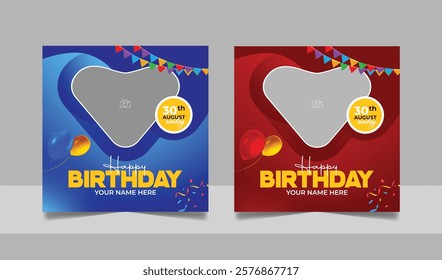 Birthday wishes social media post template, party invitation or greeting card, happy marriage anniversary celebration square flyer web banner story design set