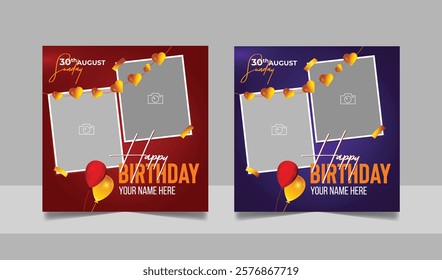 Birthday wishes social media post template, party invitation or greeting card, happy marriage anniversary celebration square flyer web banner story design set