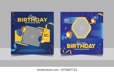 Birthday wishes social media post template, party invitation or greeting card, happy marriage anniversary celebration square flyer web banner story design set