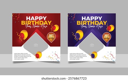 Birthday wishes social media post template, party invitation or greeting card, happy marriage anniversary celebration square flyer web banner story design set