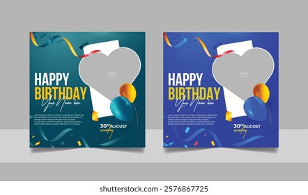 Birthday wishes social media post template, party invitation or greeting card, happy marriage anniversary celebration square flyer web banner story design set