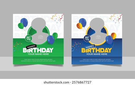 Birthday wishes social media post template, party invitation or greeting card, happy marriage anniversary celebration square flyer web banner story design set