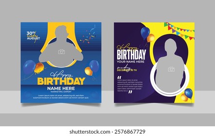 Birthday wishes social media post template, party invitation or greeting card, happy marriage anniversary celebration square flyer web banner story design set