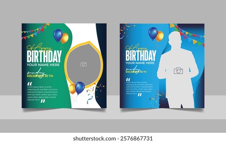 Birthday wishes social media post template, party invitation or greeting card, happy marriage anniversary celebration square flyer web banner story design set