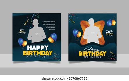 Birthday wishes social media post template, party invitation or greeting card, happy marriage anniversary celebration square flyer web banner story design set