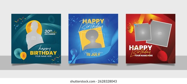 Birthday wishes social media post template, party invitation or greeting card, happy wedding anniversary celebration event square banner poster design set