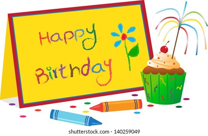 Birthday Wishes - Vector illustration of a cupcake, crayons, confetti and a card with the words happy birthday on it. Eps10