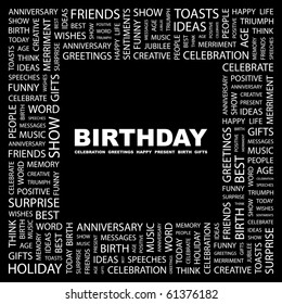 BIRTHDAY. Word collage on black background. Illustration with different association terms.