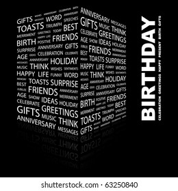 BIRTHDAY. Word collage on black background. Illustration with different association terms.