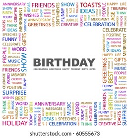 BIRTHDAY. Word collage on white background. Illustration with different association terms.