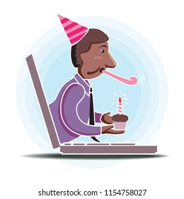 Birthday at work. Office employee or a business black man holds a cake. Vector illustration in a flat style