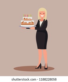 Birthday at work. Office employee or a business woman holds a cake.