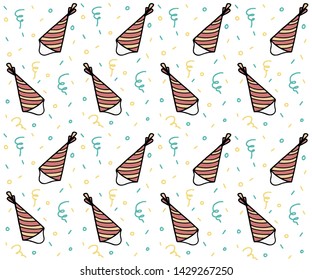 Birthday wrapping paper desig. Seamless background with small pattern. Color cute vector illustration of  birthday hat.