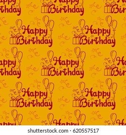 Birthday yellow pattern. Vector illustration. Lettering with gift and balloons