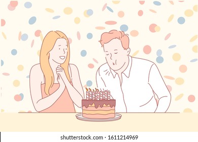 Birthday,care, holiday, love, family concept. Young couple celebrates husbands birthday. Guy blows candles on birthday cake. Careful girlfriend loves her boyfriend, family holiday. Simple flat vector