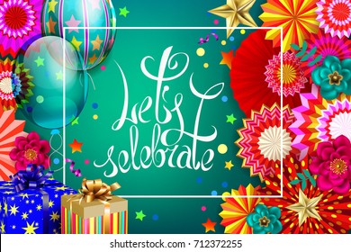 Birthday`s abstract festive background with hanging paper fans  and balloons on green backdrop