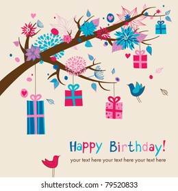 Birthday's card with hanging gifts on a branch