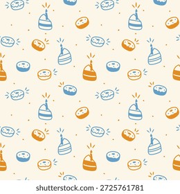 Geburtstagsmuster. Doodle von Donuts und Kuchenscheiben mit Kerzen, in Blau und Gold, mit Dessertsilhouetten auf weichem cremefarbenem Hintergrund. Vektorgrafik