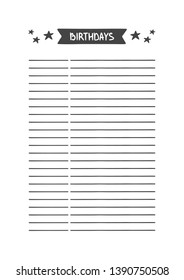 Birthdays. Vector Template for Agenda, Planner and Other Stationery. Printable Organizer for Study, School or Work. Objects Isolated on White Background.