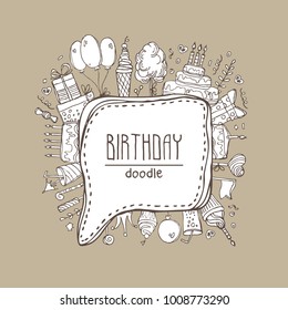 Birthdayspeech bubble with Birthday cake, balloon, Birthday gift, flowers, sweets, candle, garland, lemonade. Hand drawn vector doodles illustration.
