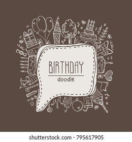 Birthdayspeech bubble with Birthday cake, balloon, Birthday gift, flowers, sweets, candle, garland, lemonade. Hand drawn vector doodles illustration.