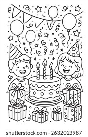 Birthday-themed coloring page with a happy child, cake, gifts, balloons, and decorations. Festive scene for kids’ party celebration.