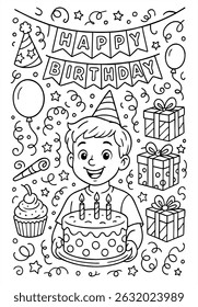 Birthday-themed coloring page with a happy child, cake, gifts, balloons, and decorations. Festive scene for kids’ party celebration.