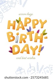 Birthday-themed greeting card or poster featuring playful bold yellow letters with leaves, candles, and holiday doodles, vector illustration on a white background