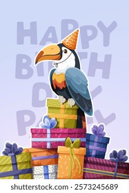 Birthday-themed greeting card or poster featuring an adorable toucan in party hat sitting on colorful gift boxes with bold letters behind, vector illustration on a soft blue background 