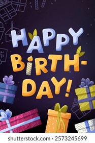 Birthday-themed greeting card or poster featuring playful bold blue and yellow letters with leaves, candles, gift boxes and holiday doodles, vector illustration on a dark background