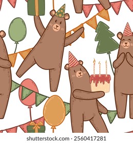 Birthday-themed pattern with adorable bears in party hats. Decorative design showcasing cakes, gifts, and bunting flags. Perfect for kids' party decorations or festive fabric prints