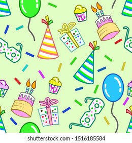 birthday-themed patterns, which are colorful, with various elements. gifts, hats, toy glasses, balloons and cakes