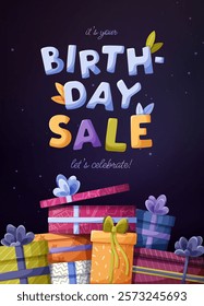 Birthday-themed sale banner featuring playful, bold, colorful letters with leaves, candles, and gift boxes, vector illustration on a dark background