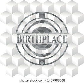 Birthplace realistic grey emblem with geometric cube white background