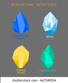 Birthstone Gemstones Chart, Gems And Mineral Crystals Vector Illustration