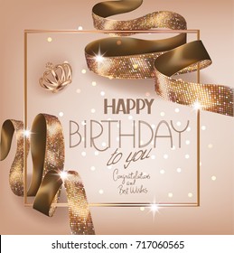 Birthtday greeting card with gold curly ribbon with pattern. Vector illustration