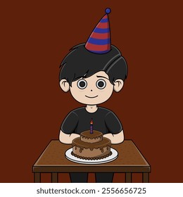 birtyday boy with beauriful birthday cake and candle. illustration cute flat design