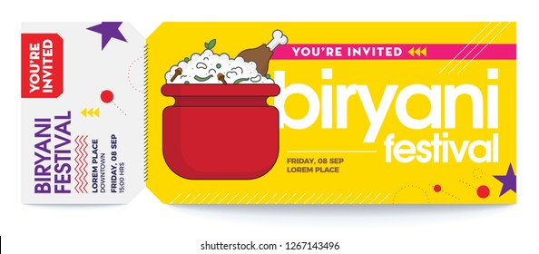 Biryani Vector Illustration. Biryani Party Vector Tickets Template. You are Invited Ticket for entrance to the party. Modern elegant template of Ticket Card. Indian/Mughlai traditional rice dish. 