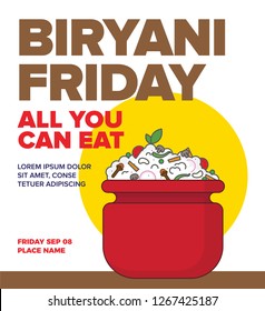 Biryani Vector Illustration. Veg Biryani Pot. Indian/Mughlai traditional rice dish. Biryani party concept. Poster Ad template
